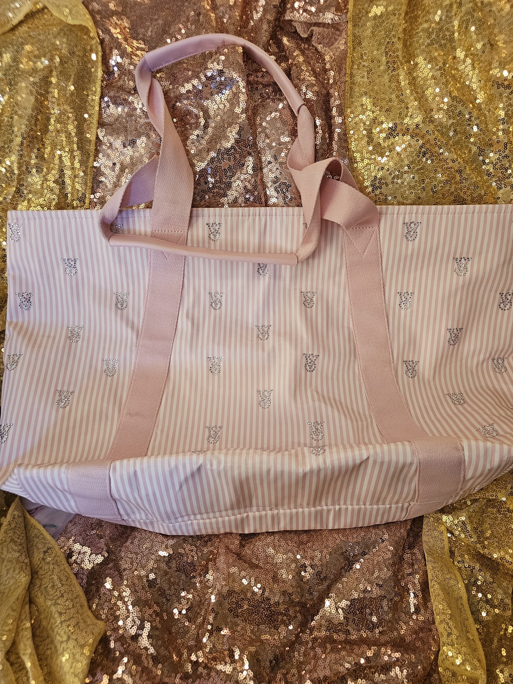 Victoria's Secret Light Pink Striped Tote with Silver Logo Accents